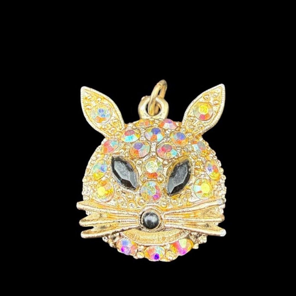 Gold Cat Pendant Charm with Aurora Borealis Iridescent Crystals - Picture 2 of 5